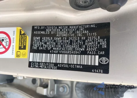 2016 Toyota Camry Le z USA, uszkodzony, nr VIN 4T4BF1FK6GR540947